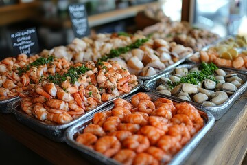 Obraz premium Seafood platter with lobster, shrimp, mussels, shrimps, mussels, squidpus, crab, shrimp, squid, shrimp, fish, musselpus, mussels, squid. Seafood and healthy eating concept.
