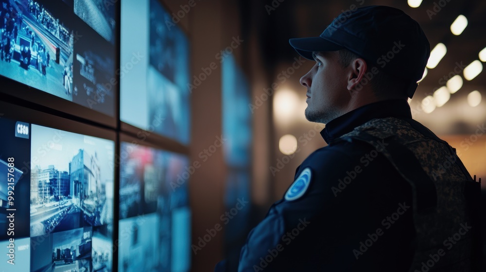 Poster security guard monitoring multiple screens for safety and security surveillance