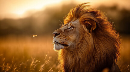 Naklejka premium 夕日に照らされるライオン