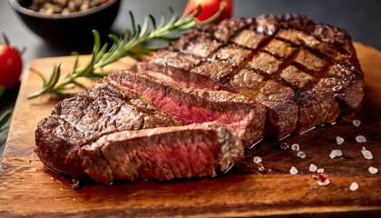 Medium rare ribeye on wooden board, close-up.