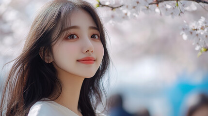 Naklejka premium 桜の下で微笑む女性