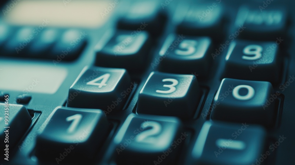Poster close up of calculator keys showing numbers for accounting and finance