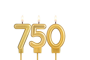 Birthday candle number 750 on white background