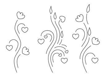 Vines with flowers, hearts and leaves isolated on white background. Stylized floral elements for St. Valentines day, wadding decoration, greeting card, birthday or other. Vector set. Not AI created.