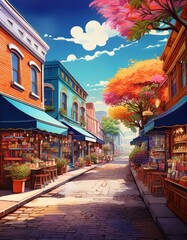 Fototapeta premium Colorful Town Street with Artistic Storefronts and Unique Architecture