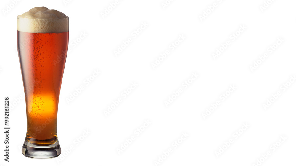 Wall mural glass of fresh beer with cap of foam isolated on white background. copyspace for your text.