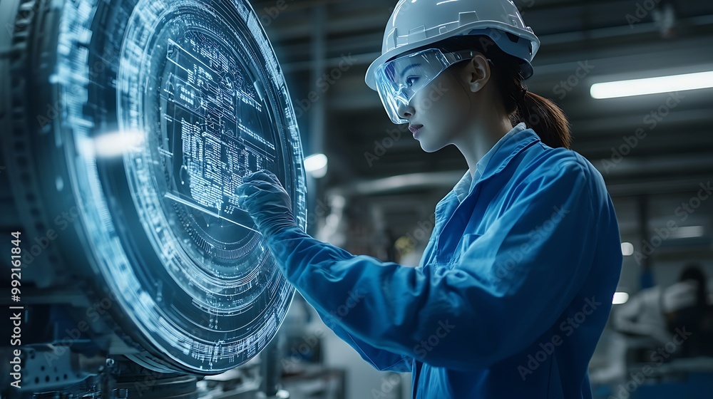 Poster female engineer using augmented reality interface in a factory