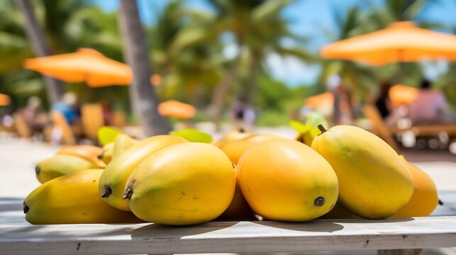 Melon pear fruit scattered across bright picnic table tropical beach caf brightly colored beachgoers surfboard softly blurred background promoting playful carefree vibe Scientific name Solanum