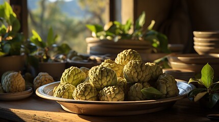 Custard apples displayed vintage ceramic plate in a small sunlit kitchen with the surrounding utensils and kitchenware softly blurred creating a nostalgic homey feel Scientific name Annona reticulata