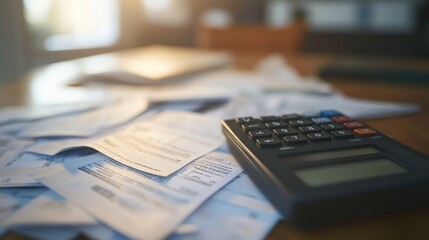 Accountant calculating bills payment using calculator at home office desk