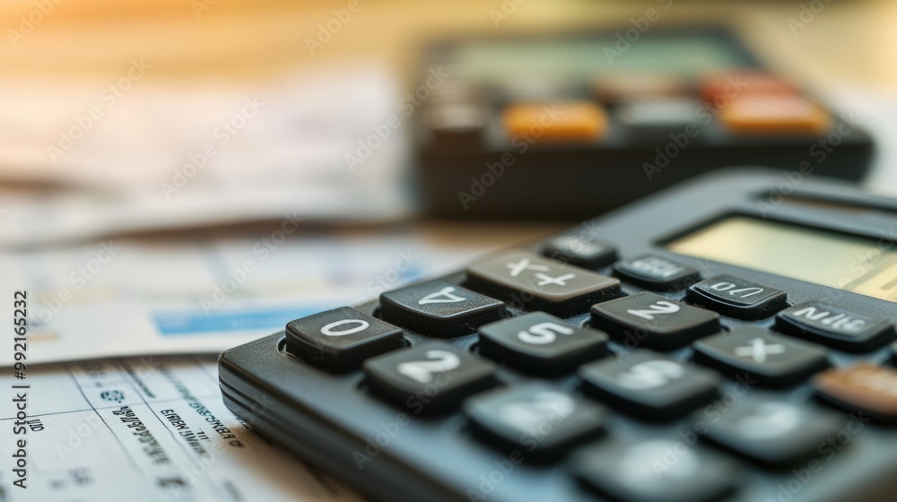 Poster accountant calculating finances with calculator on desk with bills and documents
