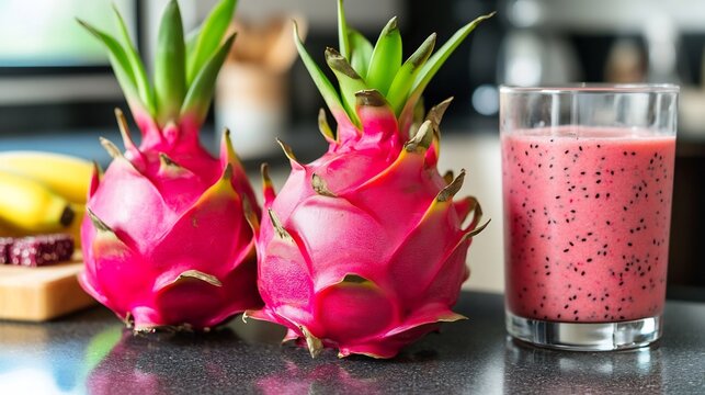 Dragon fruit displayed bright colorful kitchen counter smoothies energy bars nearby surrounded morning light emphasizing fresh start to the day with a balanced diet Scientific name Hylocereus undatus