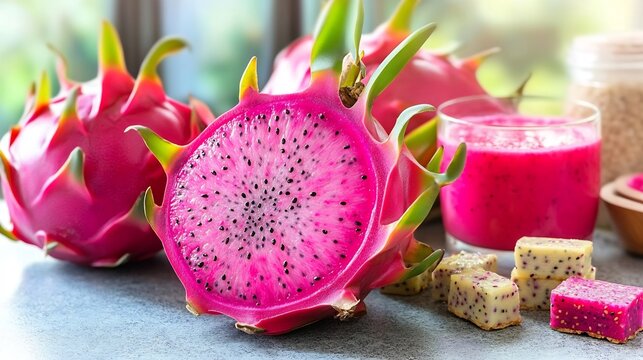 Dragon fruit displayed bright colorful kitchen counter smoothies energy bars nearby surrounded morning light emphasizing fresh start to the day with a balanced diet Scientific name Hylocereus undatus