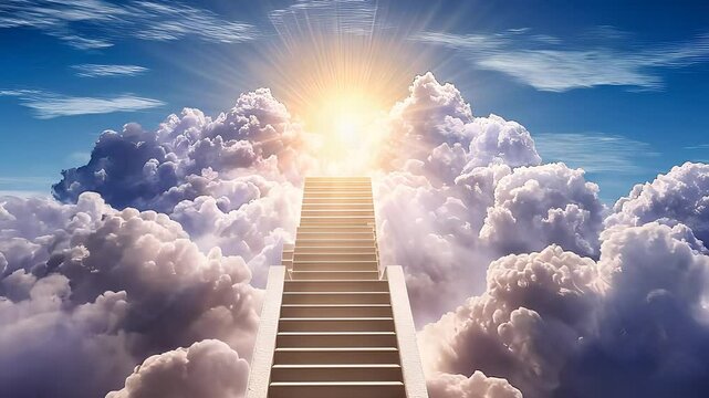 Stairway leading through the clouds to a bright light, symbolizing spiritual journey, ascension, hope, and enlightenment in a heavenly scene.

