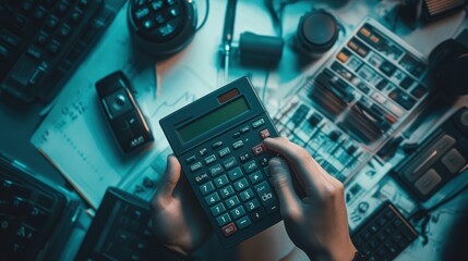 Businessman calculating tax using calculator at desk in office at night