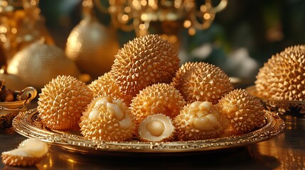 Durian puffs presented a goldrimmed plate during a royal banquet with elaborate chandeliers and opulent decor adding to the sense of grandeur and exclusivity Scientific name Durio zibethinus