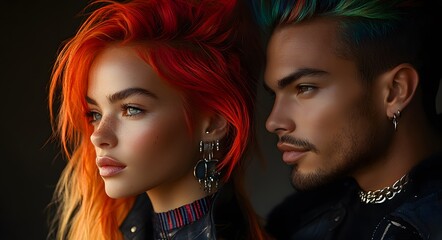 Fototapeta premium Couple with txtravagant hairstyles with colored dyed hair.