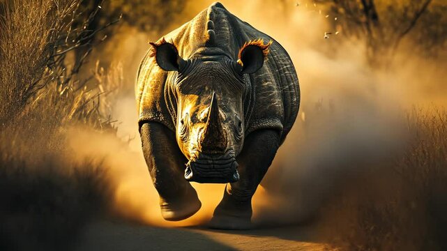 A rhinoceros charges through a dusty savanna in the late afternoon sun