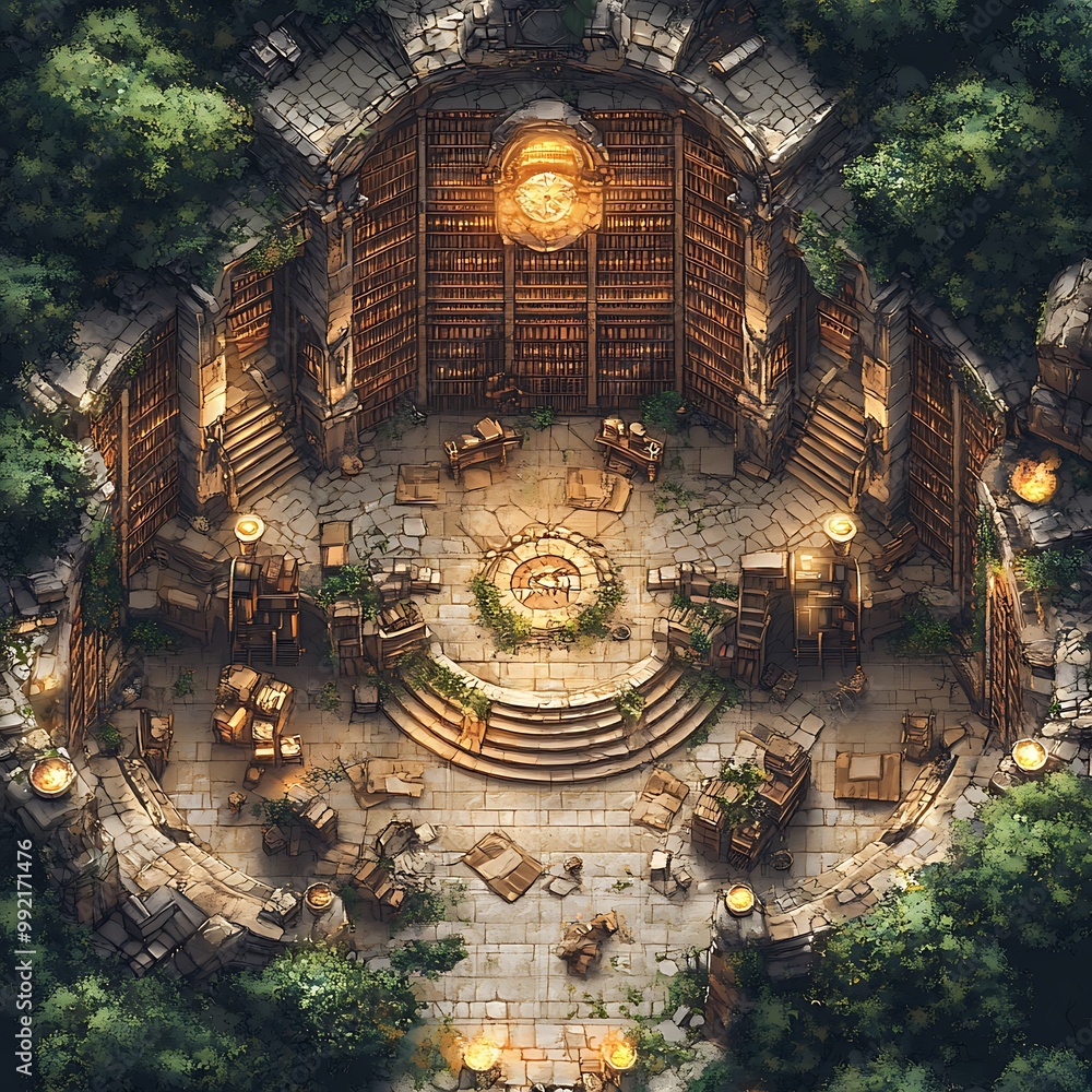 Poster top down view of a circular stone library in the forest