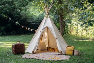 White teepee tent standing on grass in garden for glamping staycation