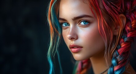 Naklejka premium A portrait of a young woman with intricately braided hair dyed in a spectrum of colors, creating a striking visual against a dark background.