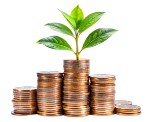 Plant growing in coins, theme of business growth and investment, isolated on whiite