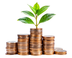 Plant growing in coins, theme of business growth and investment, isolated on whiite