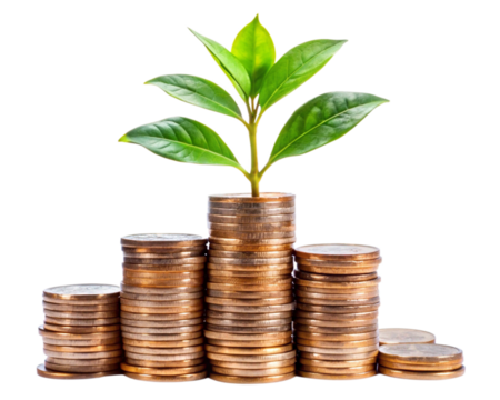 Plant growing in coins, theme of business growth and investment, isolated on whiite