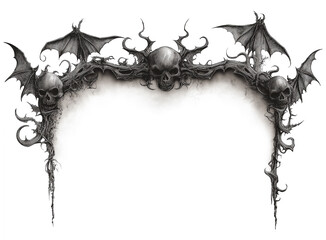 Illustrated Gothic Halloween Banner with Skulls and Bats on White Background