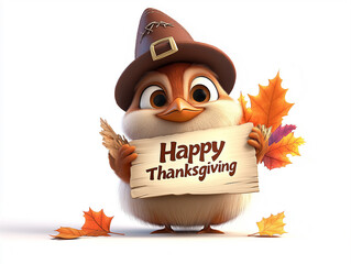 Cartoon Turkey with Pilgrim Hat Holding 'Happy Thanksgiving' Sign