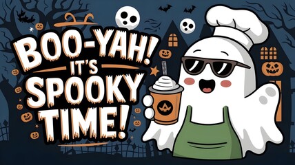 Obraz premium A vector art kawaii illustration of a ghost in sunglasses, a green apron, and a chef's hat holding a pumpkin spice latte with the text 