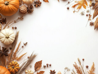 Thanksgiving Themed Border with Pumpkins and Autumn Leaves on White Background
