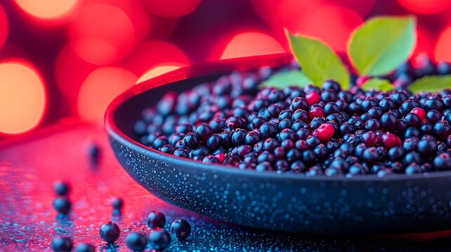 Elderberries resting sleek rotating platform futuristic healthfocused popup event bright detox water vibrant neon lighting softly glowing behind promoting blend of wellness creativity Scientific name