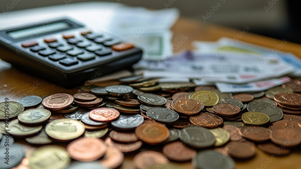 Poster accountant calculating savings using calculator with coins and banknotes