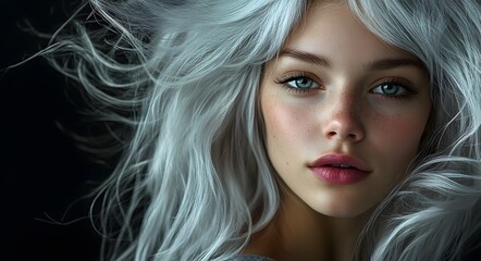 Fototapeta premium A mesmerizing portrait of a woman with flowing silver hair and a piercing gaze.