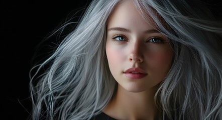Naklejka premium A mesmerizing portrait of a woman with flowing silver hair and a piercing gaze.