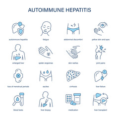 Autoimmune Hepatitis symptoms, diagnostic and treatment vector icon set. Medical icons.	