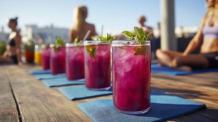 Elderberry ginger detox tea served trendy rooftop fitness event healthconscious guest practicing yoga sipping colorful smoothy background promoting fresh balanced lifestyle Scientific name Sambucus