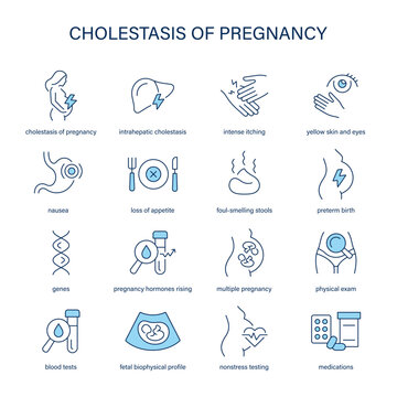 Cholestasis of Pregnancy symptoms, diagnostic and treatment vector icon set. Medical icons.	