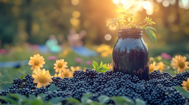 Elderberry salsa served grilled salmon quinoa a vibrant outdoor fitness brunch with detox waters and yoga mats scattered around promoting a balanced and nutritious meal Scientific name Sambucus nigra