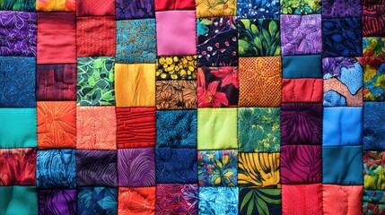 A beautifully crafted patchwork blanket with a kaleidoscope of colors and patterns, each fabric