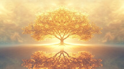 Visual of a symmetrical golden tree with radiant golden foliage, contrasted beautifully against a soft, minimalistic backdrop that includes a hint of rainbow gradient