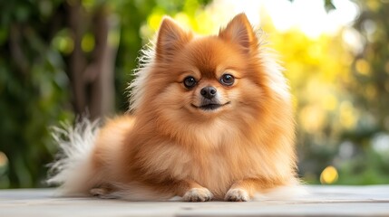 Obraz premium A fluffy Paperanian dog sitting on a , showcasing its playful expression and vibrant fur