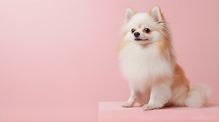 A fluffy Paperanian dog sitting on a , showcasing its playful expression and vibrant fur
