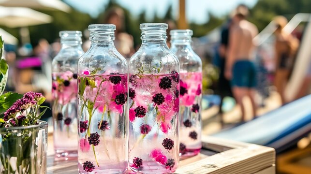 Elderberryinfused detox water served frosted glass bottle ecofriendly beachside caf surfboard fitness enthusiast softly blurred behind promoting hydration active lifestyle Scientific name Sambucus