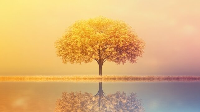 Visual of a symmetrical golden tree with radiant golden foliage, contrasted beautifully against a soft, minimalistic backdrop that includes a hint of rainbow gradient