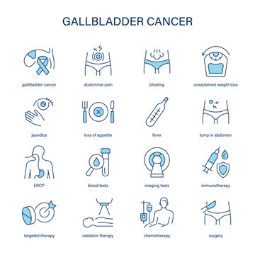 Gallbladder Cancer symptoms, diagnostic and treatment vector icon set. Medical icons.	