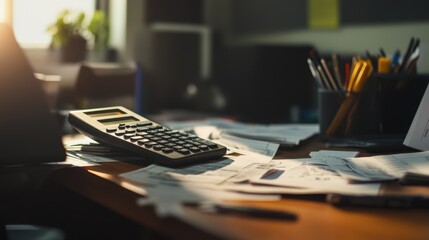 Calculator laying on desk with scattered papers in office at sunset