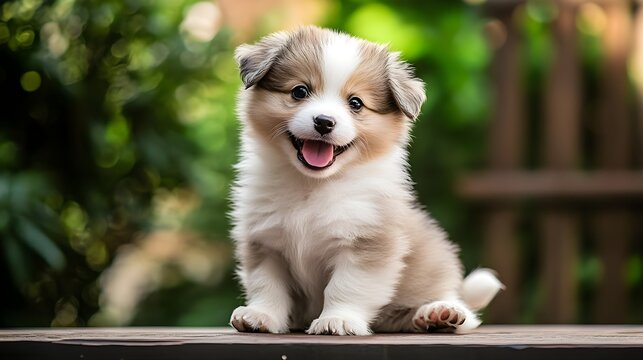 A playful puppy sitting on a , capturing its joyful expression and fluffy fur