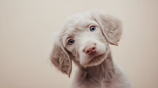 A playful Weimardoodle puppy with fluffy fur, gazing curiously at the camera against a light solid color backdrop